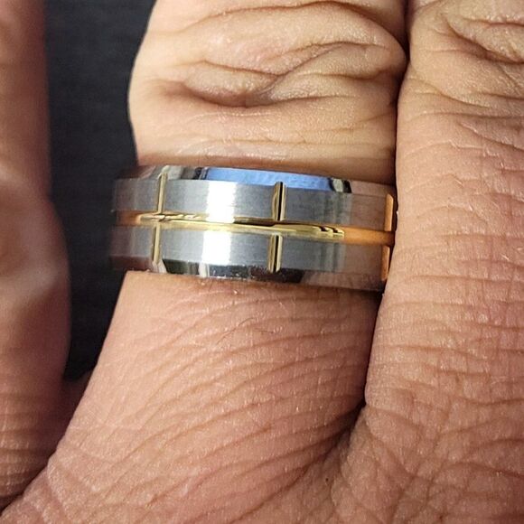 Personalized Mens Real Tungsten Promise Ring Brushed Steel 14k Gold Grooves - Picture 9 of 12